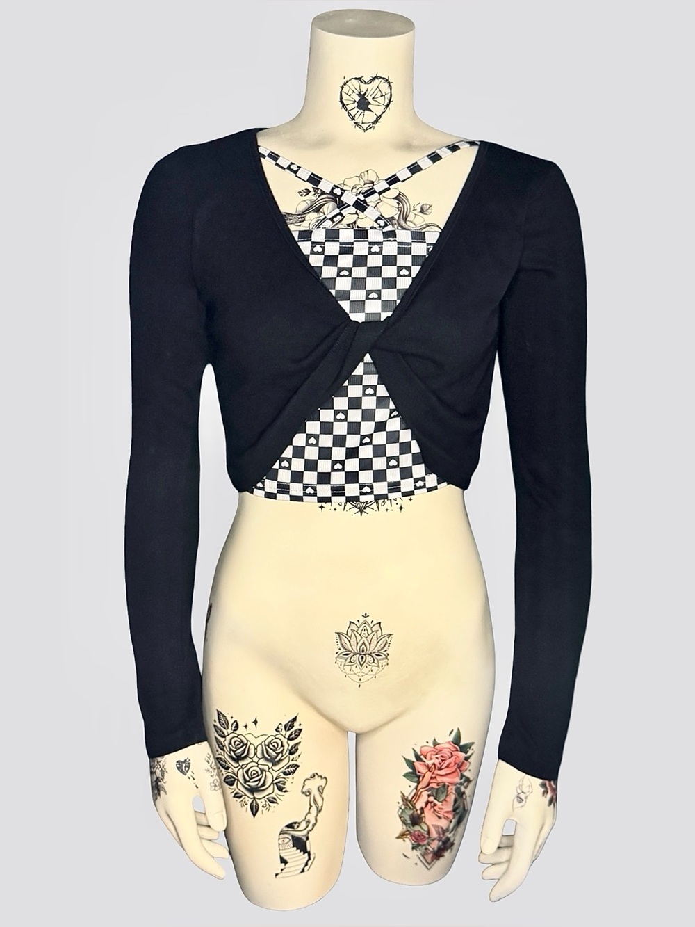 Black long sleeved layered checkered crop top